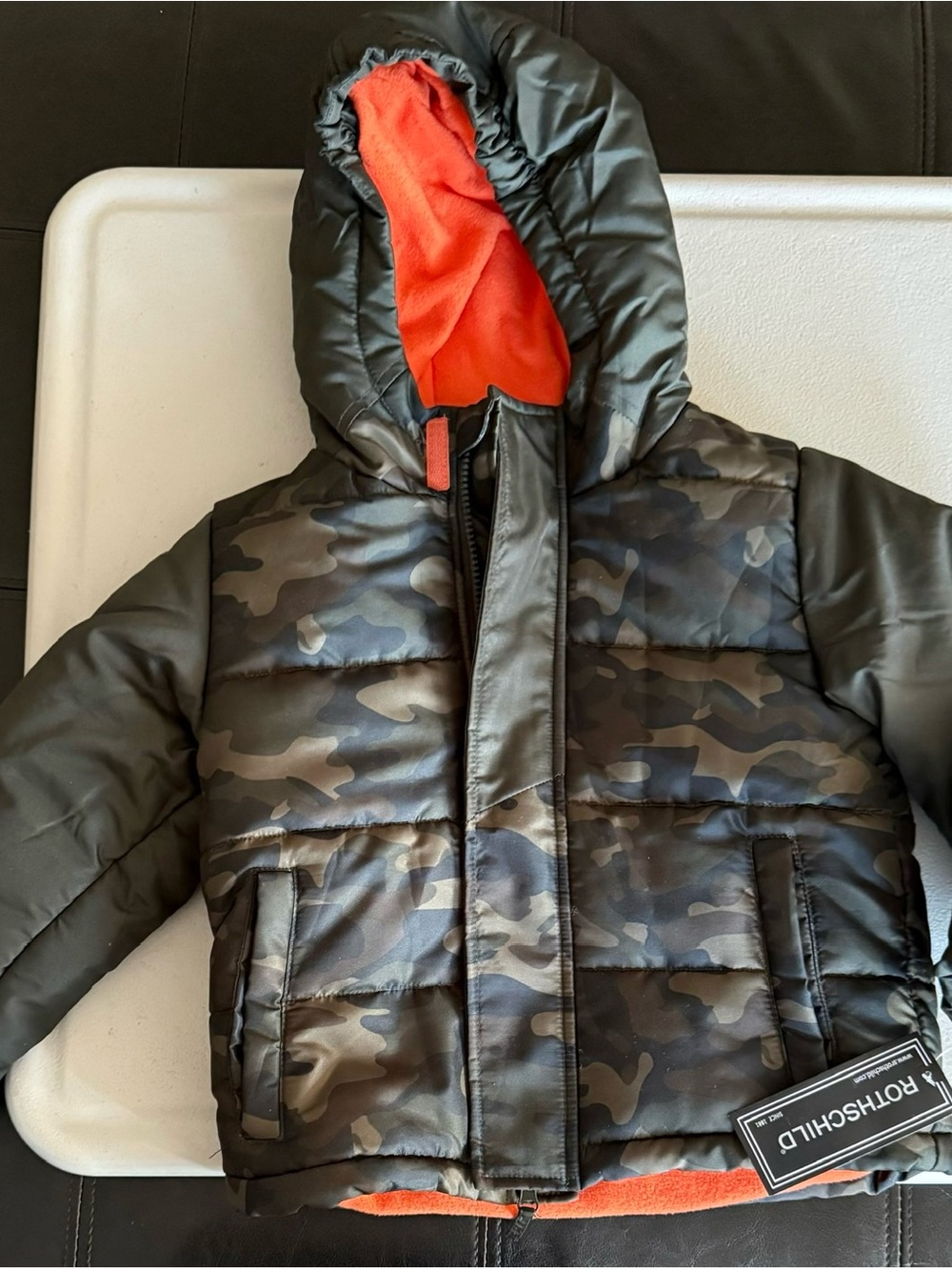 Rothschild Kids Camo Puffer Jacket with Orange Hood Lining